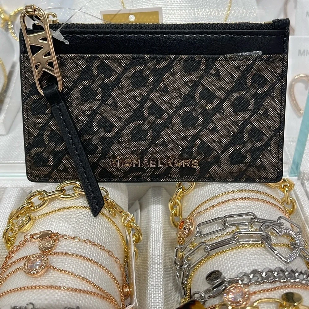 Michael Kors Empire Small Metallic Card Case COLOR BLACK/PALE GOLD NWT